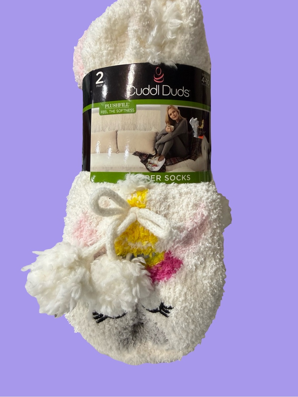 Cuddl Duds White Plush Slipper Socks with Pink and Yellow Accents, 2 pair